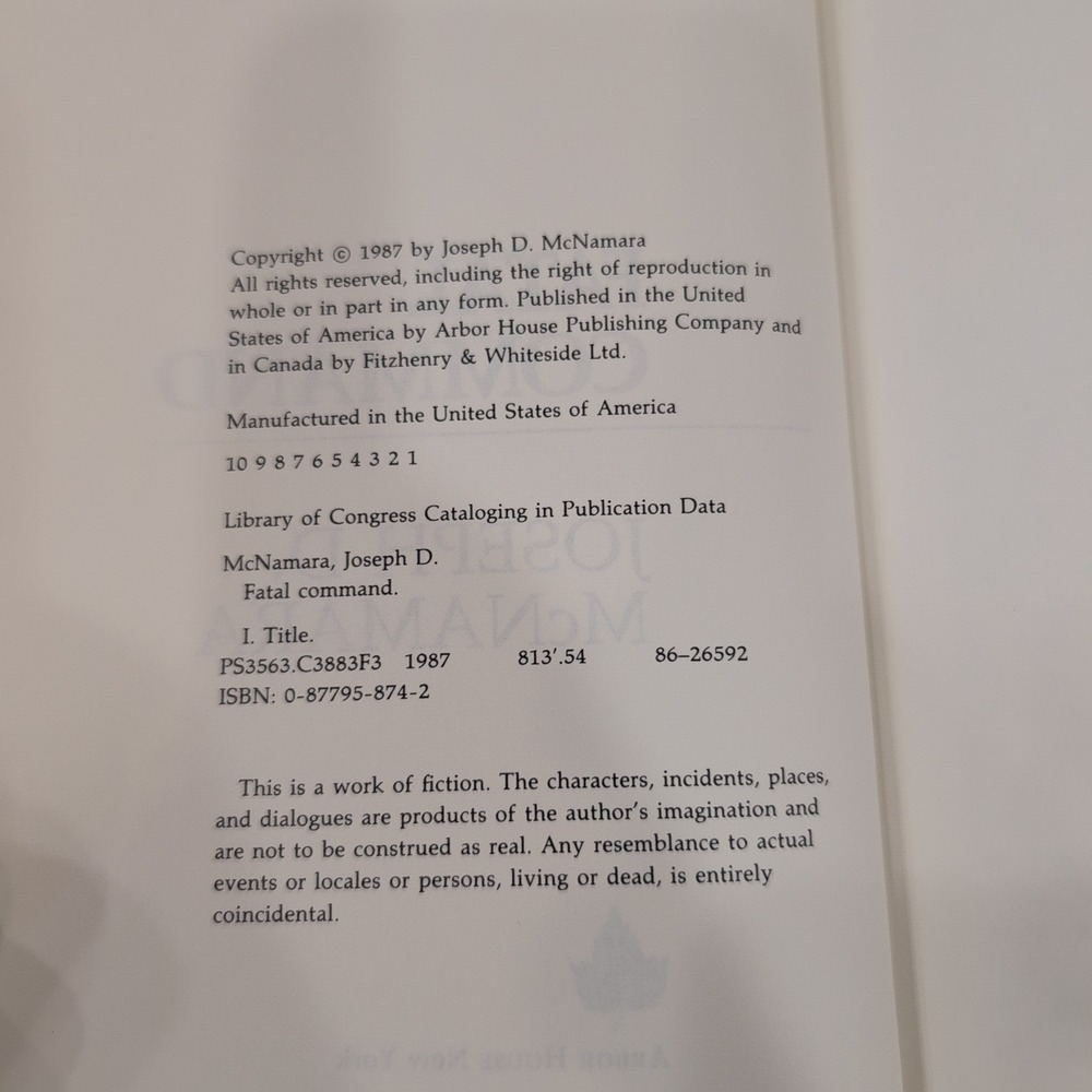 Fatal Command Joseph D McNamara First Edition First Printing 1987 Hardcover Book - Picture 4 of 4